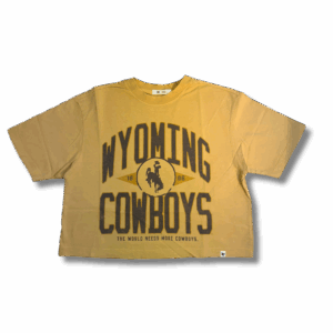 cropped gold tee shirt with brown design on front. design is arched wyoming with bucking horse in circle below, and cowboys lettering with saying "the world needs more cowboys" on bottom
