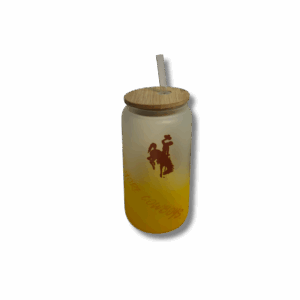 Gold frosted glass tumblers. Have a wood lid and say the world needs more cowboys across in gold and brown bucking horses scattered