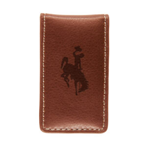 brown leather money clip. has magnets to clamp together. also has imprinted bucking horse on the front of the money clip