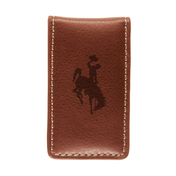 brown leather money clip. has magnets to clamp together. also has imprinted bucking horse on the front of the money clip