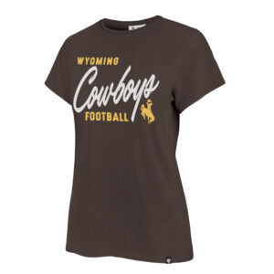 brown women's tee shirt with design center chest. design is white cowboys script big with gold wyoming lettering top right and football below with bucking horse bottom right