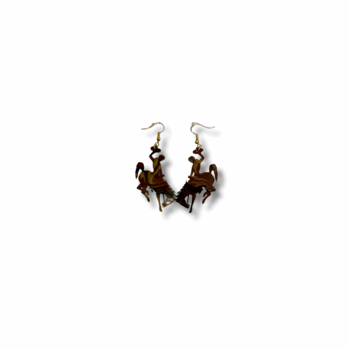 brown swirl acrylic bucking horse earrings. Comes with rubber backing. Has gold, brown, and black swirled in acrylic