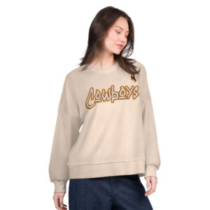 tan womens crewneck with design center chest. design is grafiti cowboys lettering outlined in brown with gold glow. has brown bucking horse on top left