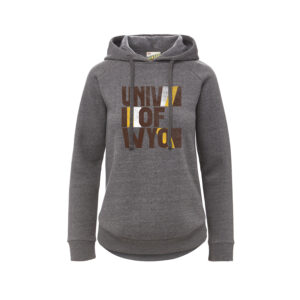 grey women's hooded sweatshirt with univ of wyo stacked on top of each other in brown with gold stripes at the ends