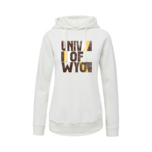 white women's hooded sweatshirt with univ of wyo stacked on top of each other in brown with gold stripes at the ends