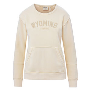 cream women's crewneck with big pocket on front. has embroidered arched wyoming and cowboys below all on the front in cream