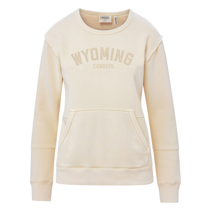 cream women's crewneck with big pocket on front. has embroidered arched wyoming and cowboys below all on the front in cream