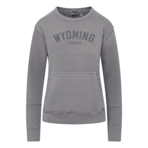 cream women's crewneck with big pocket on front. has embroidered arched wyoming and cowboys below all on the front in grey