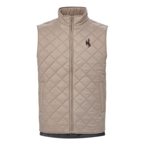 tan quilted full zip fest with brown bucking horse on left chest.