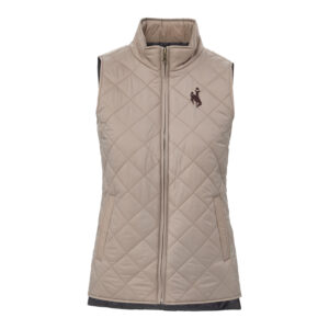 women's tan quilted full zip fest with brown bucking horse on left chest.