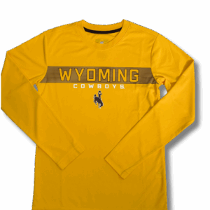 gold youth long sleeve with design center chest. design is brown horizontal stripes with wyoming lettering in middle. has white cowboys below and gold bucking horse below that