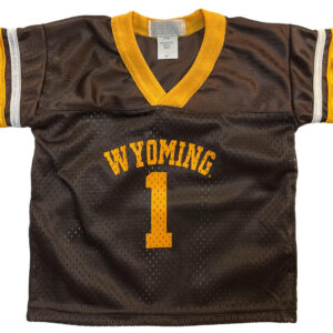 Toddler and Infant football jersey with wyoming lettering and number one below on center chest. has gold neckline. gold and white stripes on sleeves