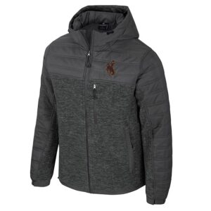 grey full zip jacket. has brown bucking horse embroidered on left chest with gold outline. has a zipper pocket on left chest and a pocket on each side at botton
