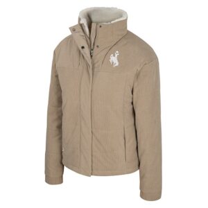 women's tan corduroy jacket with white sherpa on the inside. comes with white bucking horse logo on left chest. has a zipper close and button closure on top.