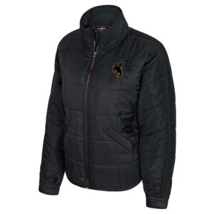 black women's full zip puff jacket. comes with embroidered bucking horse on left chest and a pocket on each side of the jacket