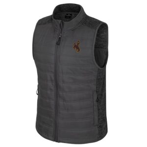 grey vest with zipper on the sides. has heather fleece on sides and shoulders. embroidered bucking horse on left chest and two zipper pockets on each side of vest