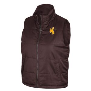 brown women's zip up vest with gold embroidered logo on left chest. has black zipper all the way down and a pocket on each side of jacket