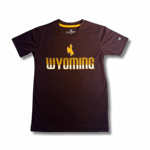 brown youth athletic tee shirt with design center chest. design is gold bucking horse above wyoming lettering. letters are gold to white gradient