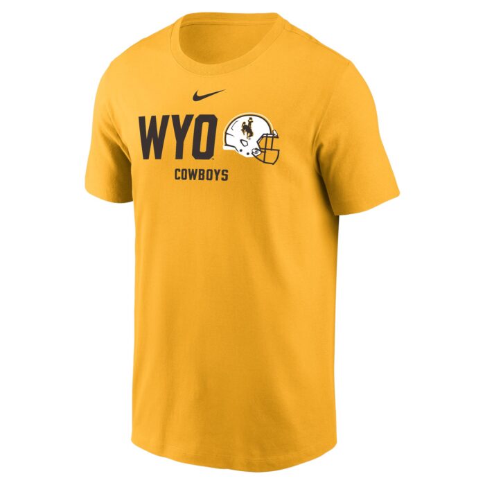 gold nike tee with design center chest. design is nike sign above wyo lettering on left of white football helmet. has cowboys lettering centered below