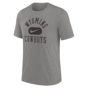 grey nike tee with design center chest. design is arched wyoming lettering in heather with nike sign in oval below and cowboys lettering below that