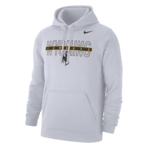 White nike sweatshirt with black and gold design center chest. design is outlined wyoming lettering with cowboys line going through middle. has bucking horse below and nike swoosh top left