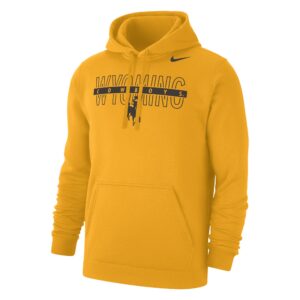 gold nike sweatshirt with black design center chest. design is outlined wyoming lettering with cowboys line going through middle. has bucking horse below and nike swoosh top left