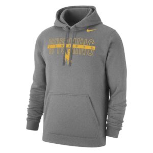 grey nike sweatshirt with gold design center chest. design is outlined wyoming lettering with cowboys line going through middle. has bucking horse below and nike swoosh top left