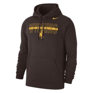 brow nike sweatshirt with gold design center chest. design is outlined wyoming lettering with cowboys line going through middle. has bucking horse below and nike swoosh top left