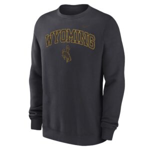 dark grey nike crewneck with arched wyoming in black with gold outline. bucking horse below and nike swoosh top left. all centered on chest