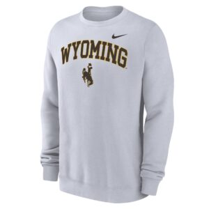 white nike crewneck with arched wyoming in black with gold outline. bucking horse below and nike swoosh top left. all centered on chest