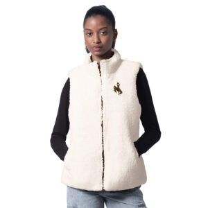 women's Sherpa vest with brown zipper all the way down. has small brown bucking horse with gold outline on left chest
