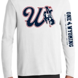 white long sleeve with a script w on front center chest. has bucking horse with state flag in the middle on left of w. has navy one wyoming lettering going down left sleeve