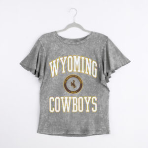 women's short sleeve grey tee. has ruffle sleeves. design is arched wyoming bucking horse cowboys covering front of shirt