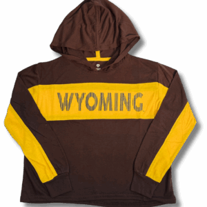 brown and gold toddler hooded long sleeve. has brown body with gold panel through middle. on gold panel has wyoming lettering faded out