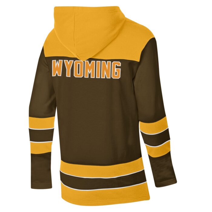 back of brown and gold hockey hood with white lace on neck. has gold wyoming lettering on top and center of back and two stripes on bottom and sleeve