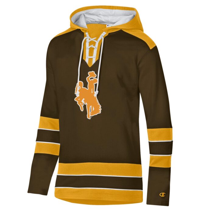 brown and gold hockey hood with white lace strings on neck. has gold bucking horse on front chest and two stripes on bottom and sleeve