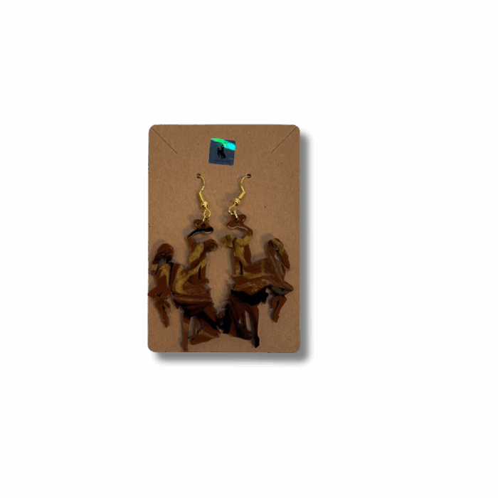 brown swirl acrylic bucking horse earrings. Comes with rubber backing. Has gold, brown, and black swirled in acrylic