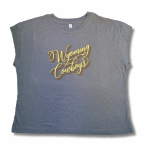 grey women's tee shirt with cropped sleeves. has wyoming cowboys script in gold with brown shadow on center chest