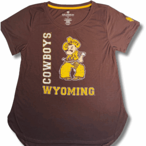 brown women's tee with design center chest. design is pistol pete with cowboys lettering on right and wyoming lettering below. has brown bucking horse on left sleeve