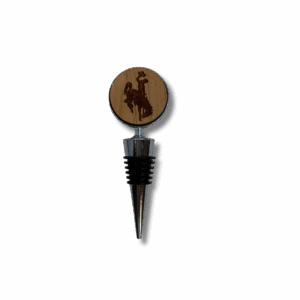 metal wine bottle stopper with wooden bucking horse on top. has black rubber to stop