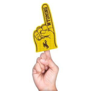 gold mini foam finger with pointer finger up with the word Wyoming vertically on the finger in brown. Brown bucking horse on lower part of the hand