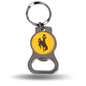 metal keychain bottle opener. gold enamel piece above bottle opener. enamel piece includes brown bucking horse in center