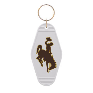 white key chain with brown bucking horse with gold outline on front. has gold key chain hook
