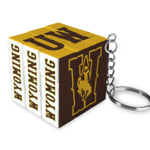 brown gold and white rubix cube keychain. has wyoming designs all over all sides. comes on metal key chain