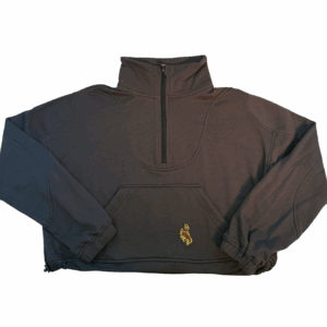 charcoal women's cropped cinch waist jacket. had a half zip zipper down the middle and a brown bucking horse with gold outline left center on the pocket