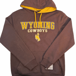 brown hooded sweatshirt with embroidered logo center chest. logo is gold wyoming lettering with white cowboys lettering below. has brown bucking horse below all