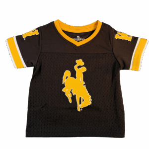 toddler football jersey. body is brown with gold collar and end of sleeves. has gold bucking horse on front and a gold w on each sleeve