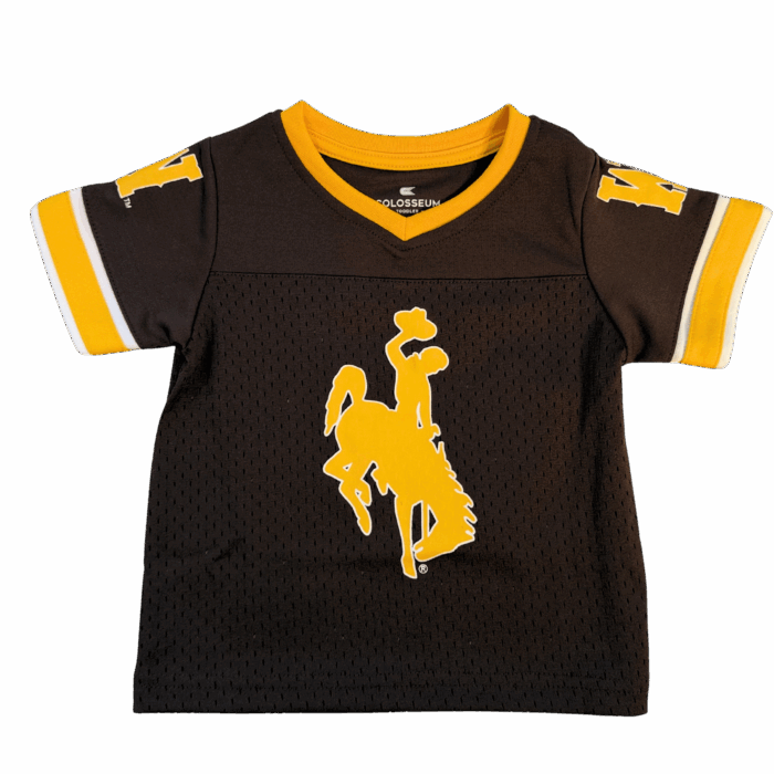 toddler football jersey. body is brown with gold collar and end of sleeves. has gold bucking horse on front and a gold w on each sleeve