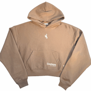 tan colored women's hood. has white embroidered bucking horse small in center of chest. has a pocket and on the left side it has cowboys lettering with small wyoming lettering under