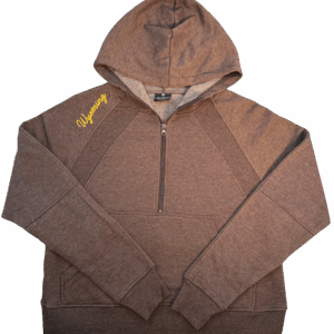 brown women's 1/4 zip with zipper and pocket on front. has wyoming script slanted on right shoulder